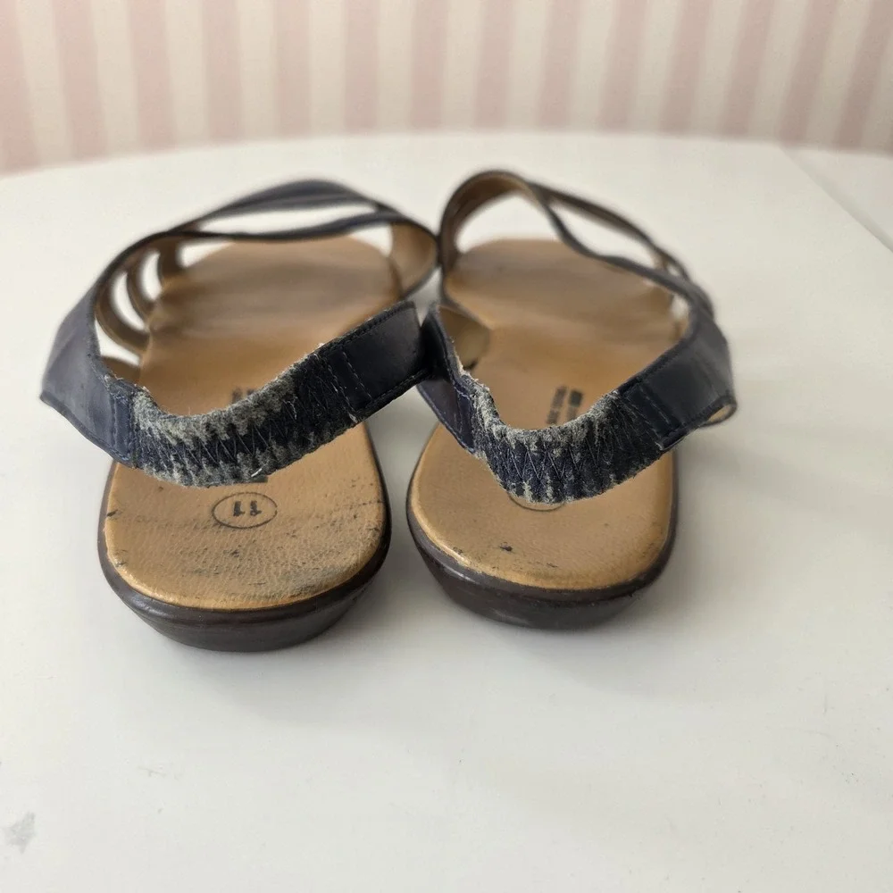 Vtg 90s Basic Editions Sandal Womens 11 Strappy‎ Navy Blue Faux Leather Flats